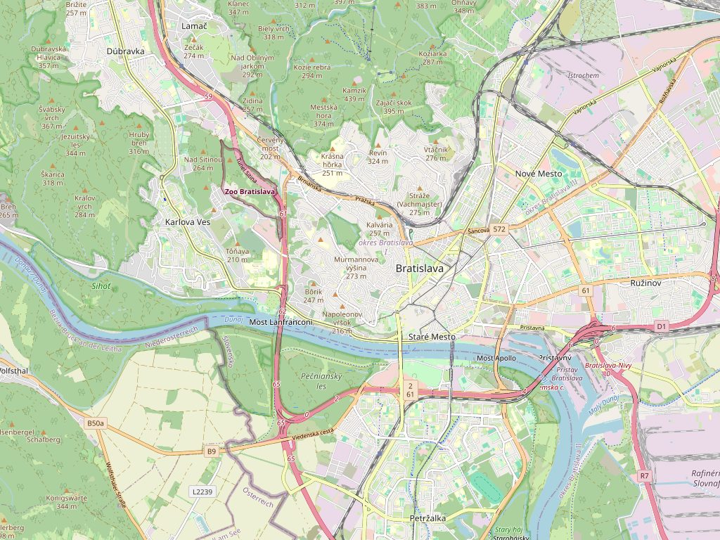 Mapa Bratislavy s vyznačeným centrem města